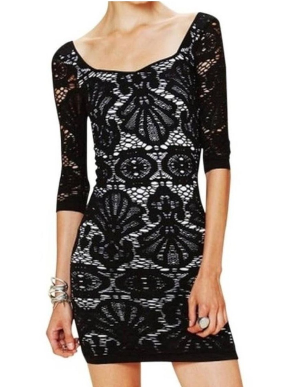 0138. Free People Black & Cream Lace Mini Dress